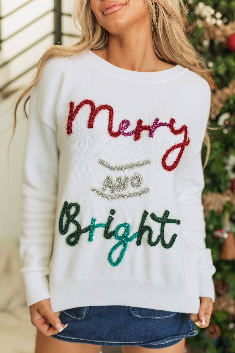 Merry and Bright Tinsel Christmas Sweater- White