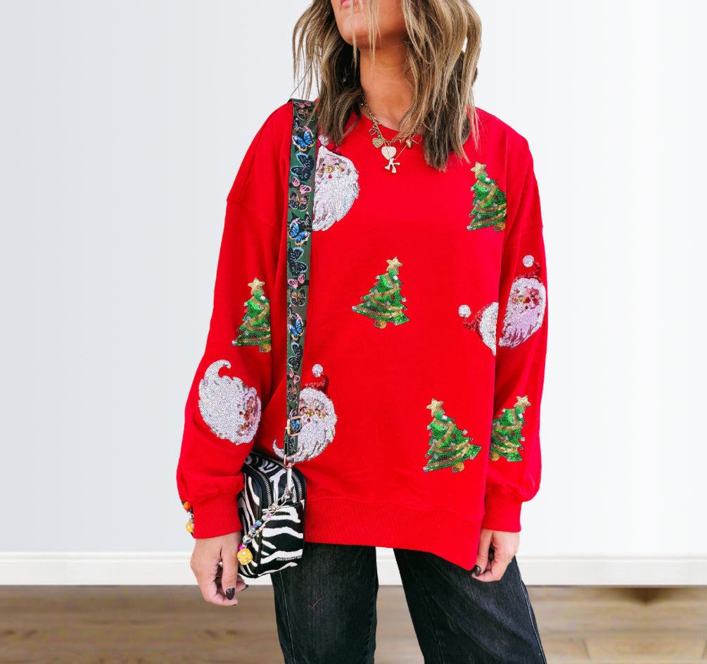 Sequin Santa + Christmas Tree Sweatshirt