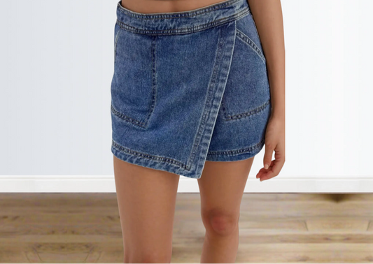 Asymmetrical Denim Skort with Pockets
