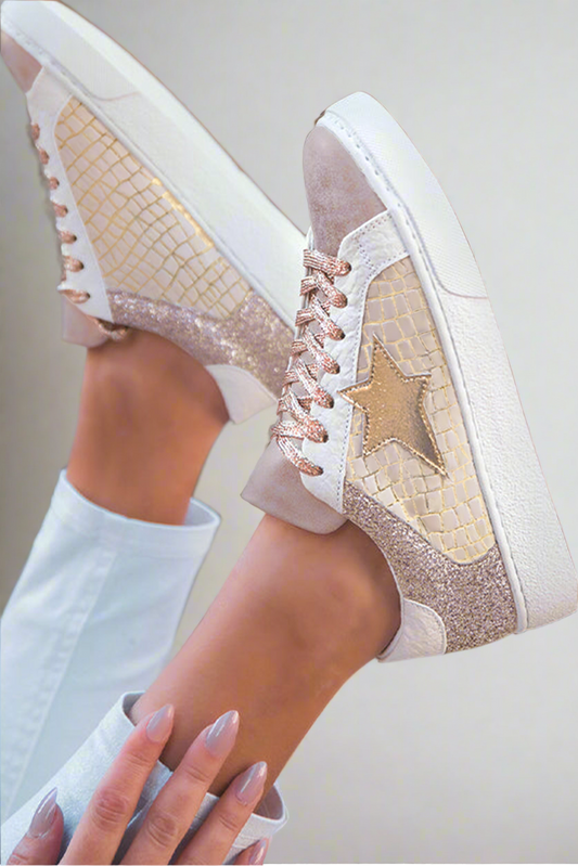 Gold Glitter Star Patchwork Lace-up Sneakers