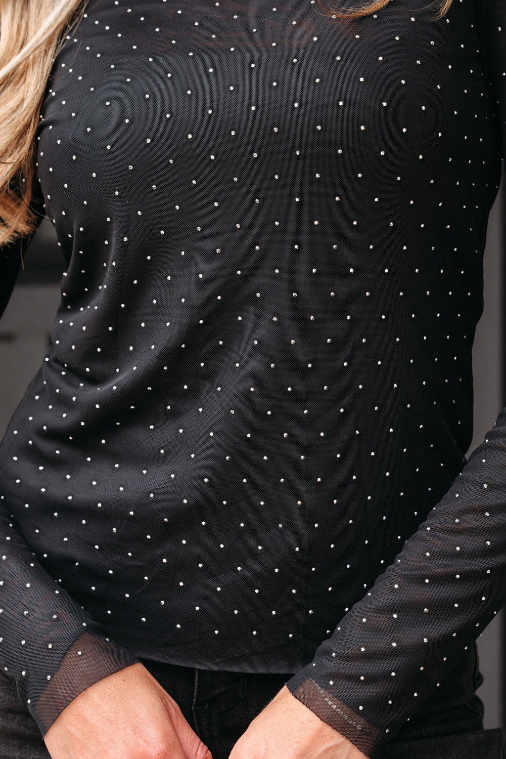 Black Rhinestone Mesh Top