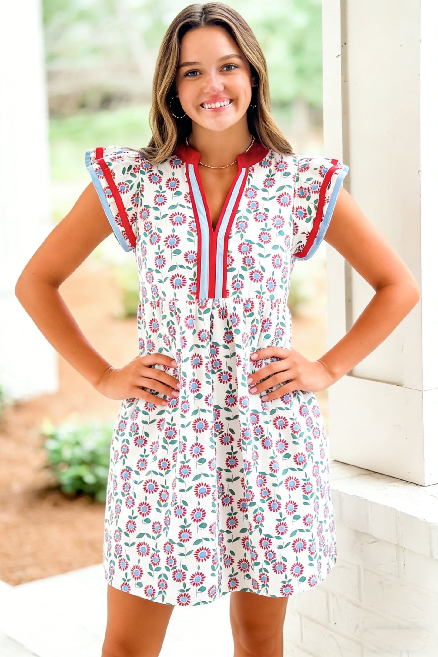 Red Floral Print Contrast Trim Dress