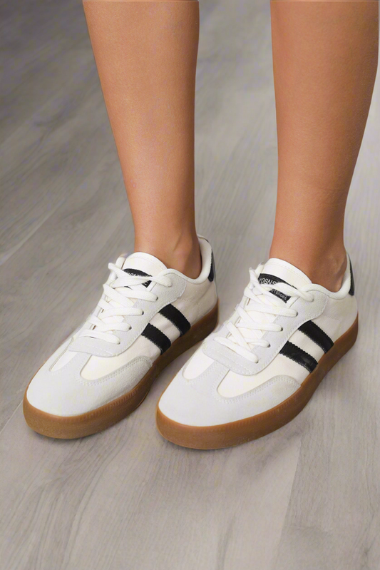 White Striped Lace-up Flat Sneakers