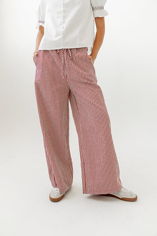 Gingham Print Wide Leg Casual Pants
