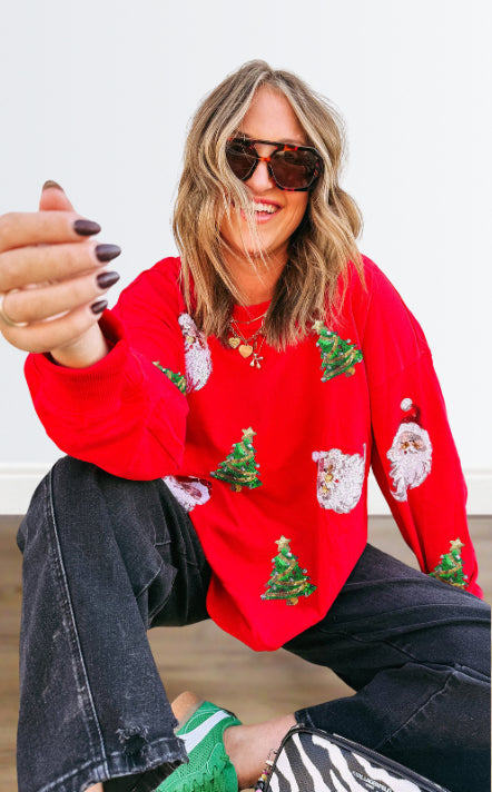 Sequin Santa + Christmas Tree Sweatshirt
