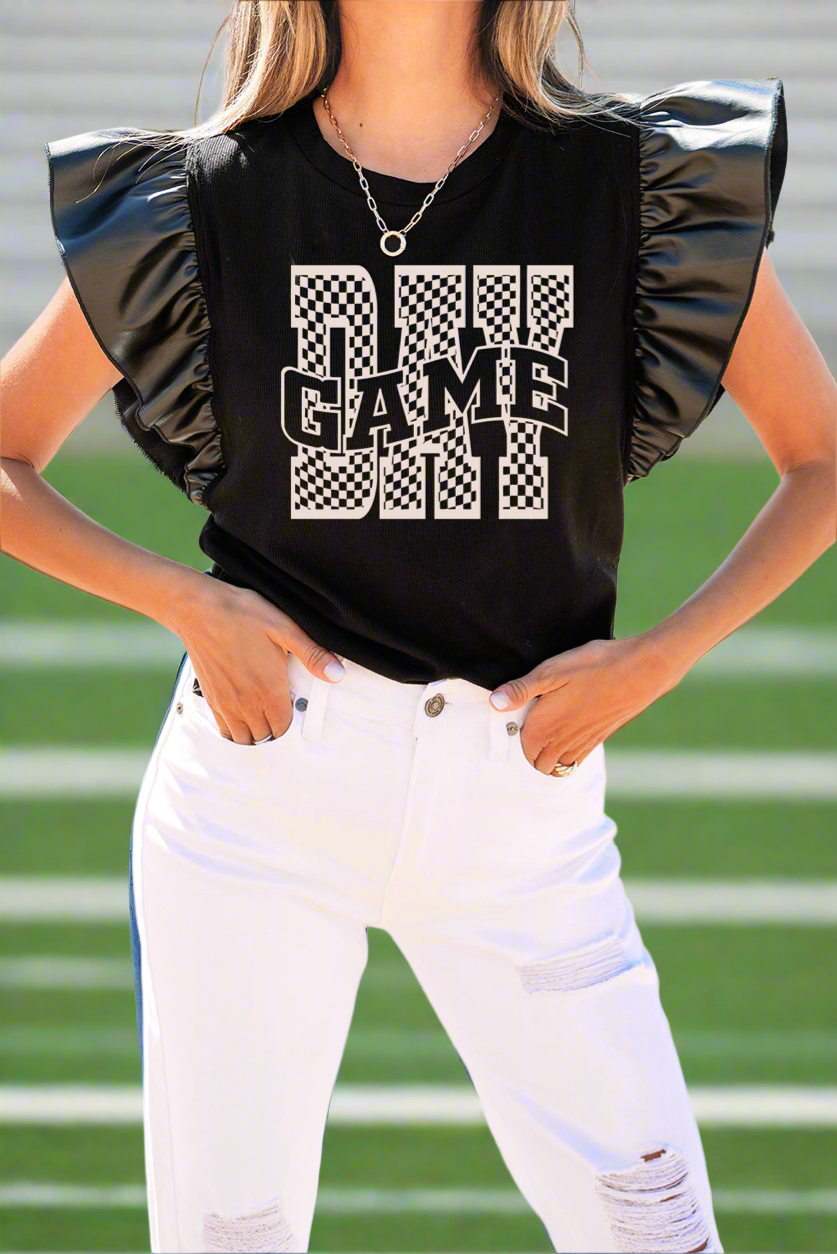 Game Day Checker Ruffle Sleeve Top