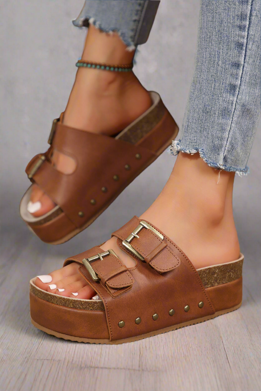 Chestnut Dual Buckle Studded Platform Sandals