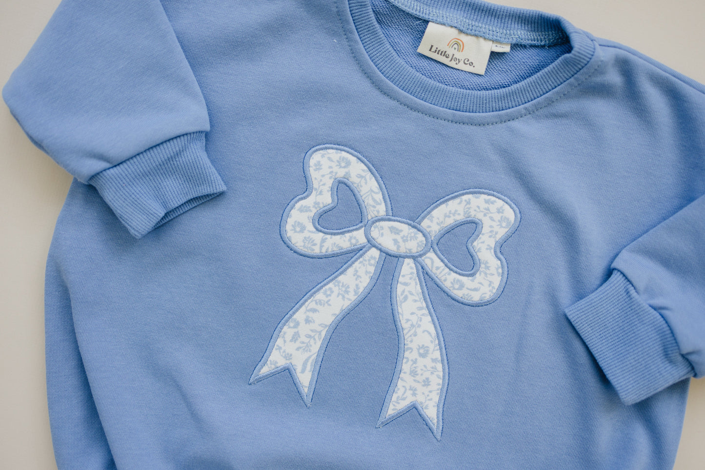 Blue Toile Applique Bow Collection- Sweatshirt Romper, Crewneck, Shorts