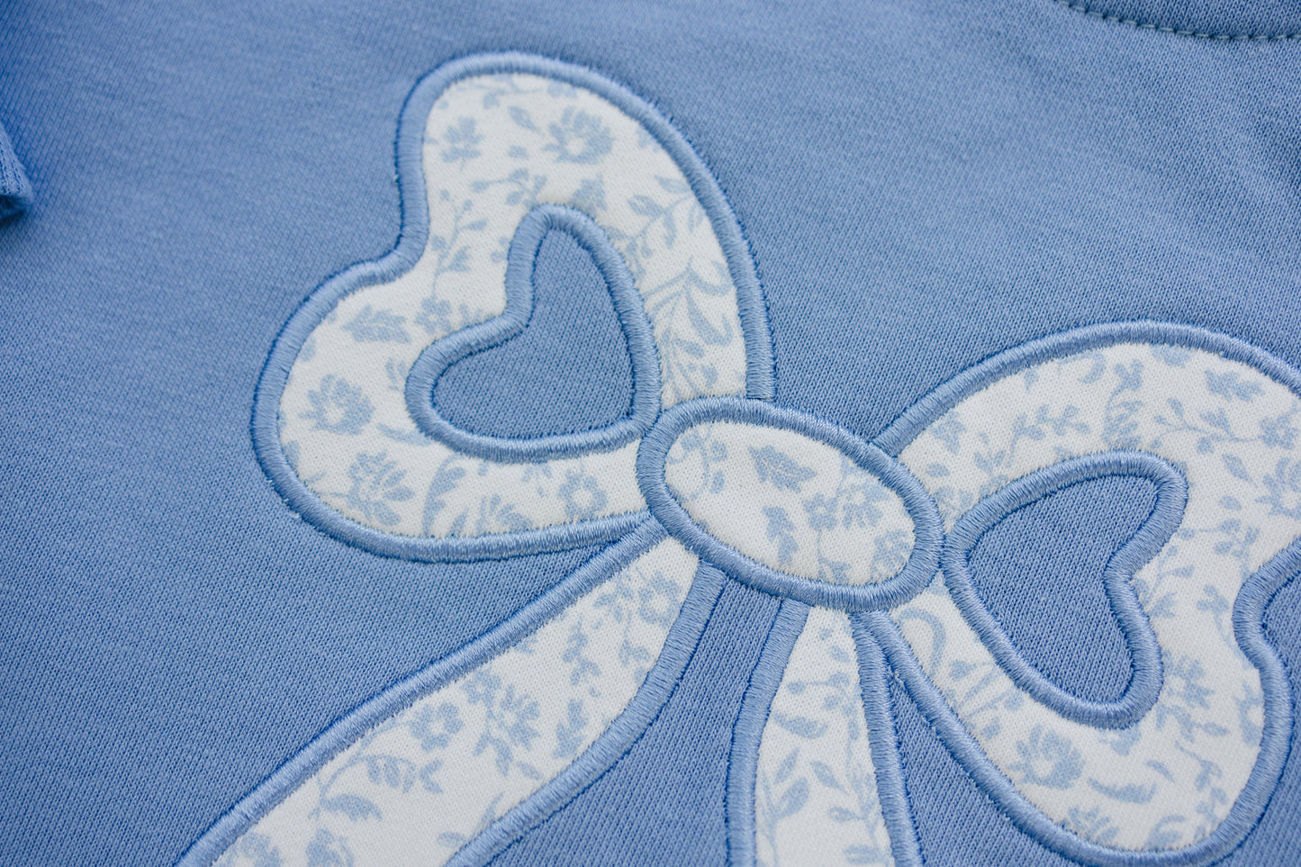 Blue Toile Applique Bow Collection- Sweatshirt Romper, Crewneck, Shorts