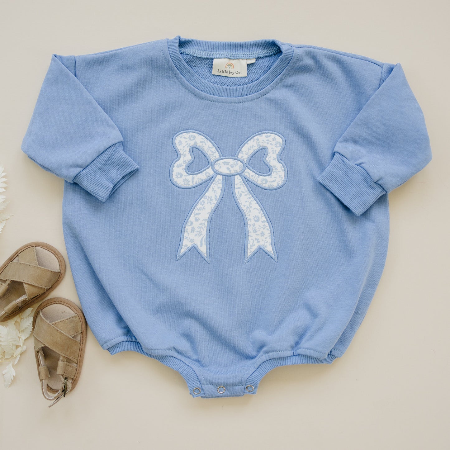 Blue Toile Applique Bow Collection- Sweatshirt Romper, Crewneck, Shorts