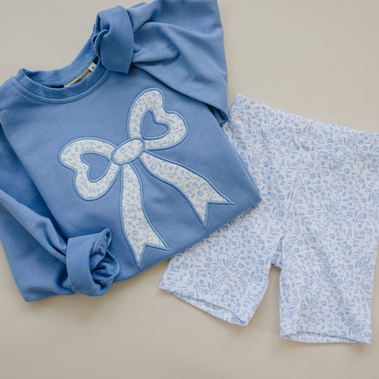 Blue Toile Applique Bow Collection- Sweatshirt Romper, Crewneck, Shorts