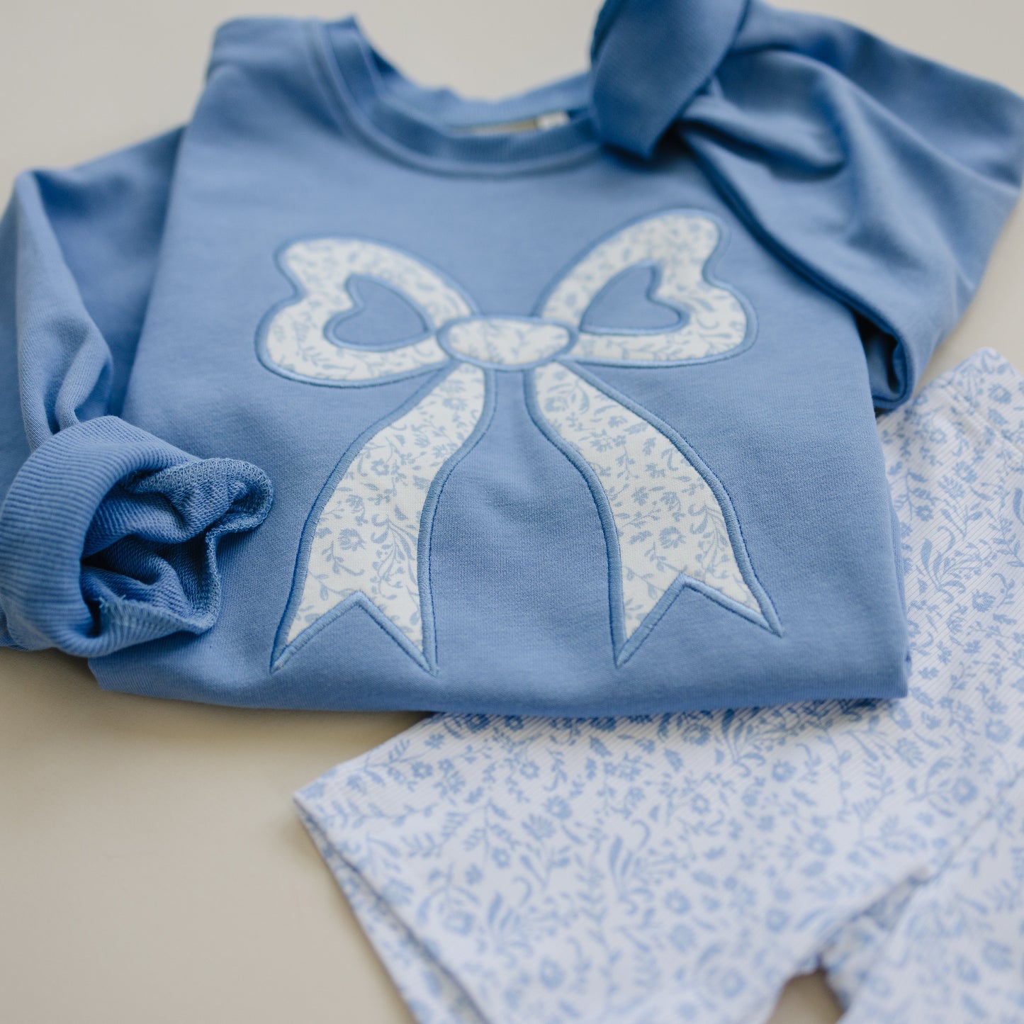 Blue Toile Applique Bow Collection- Sweatshirt Romper, Crewneck, Shorts