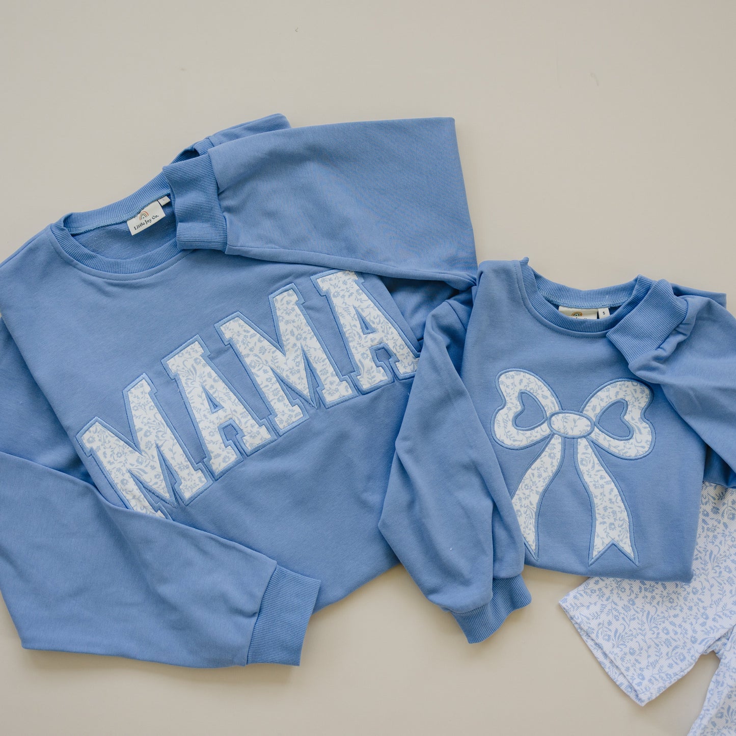 Blue Toile Applique Bow Collection- Sweatshirt Romper, Crewneck, Shorts