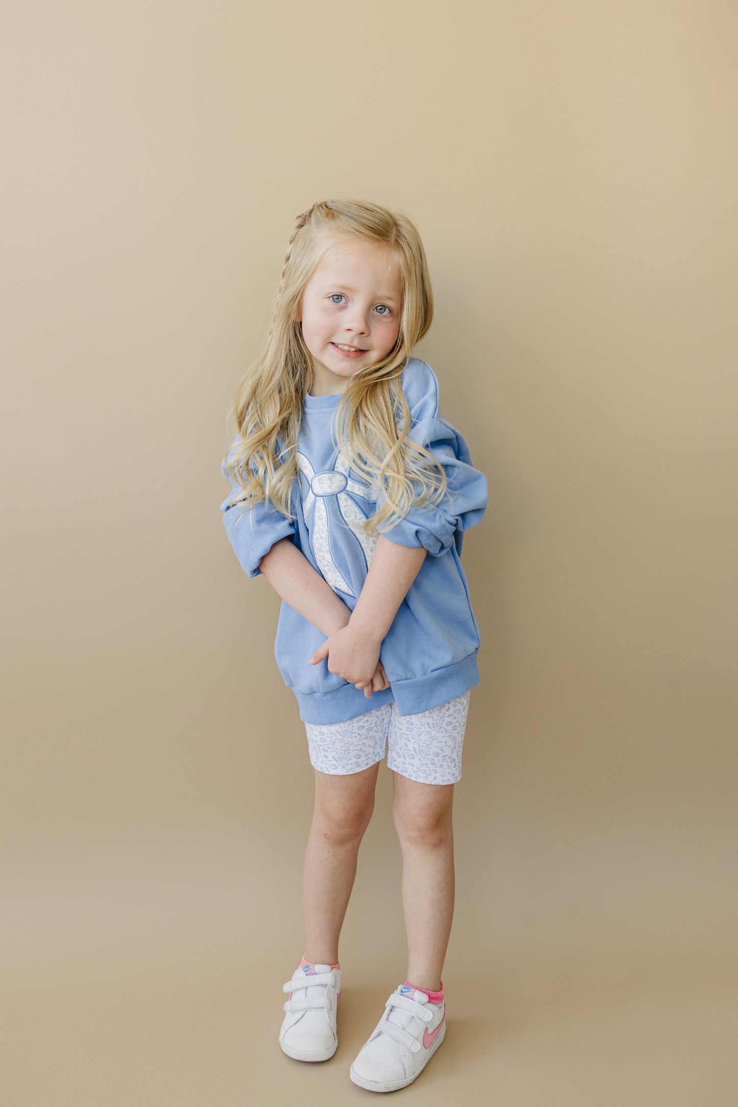 Blue Toile Applique Bow Collection- Sweatshirt Romper, Crewneck, Shorts