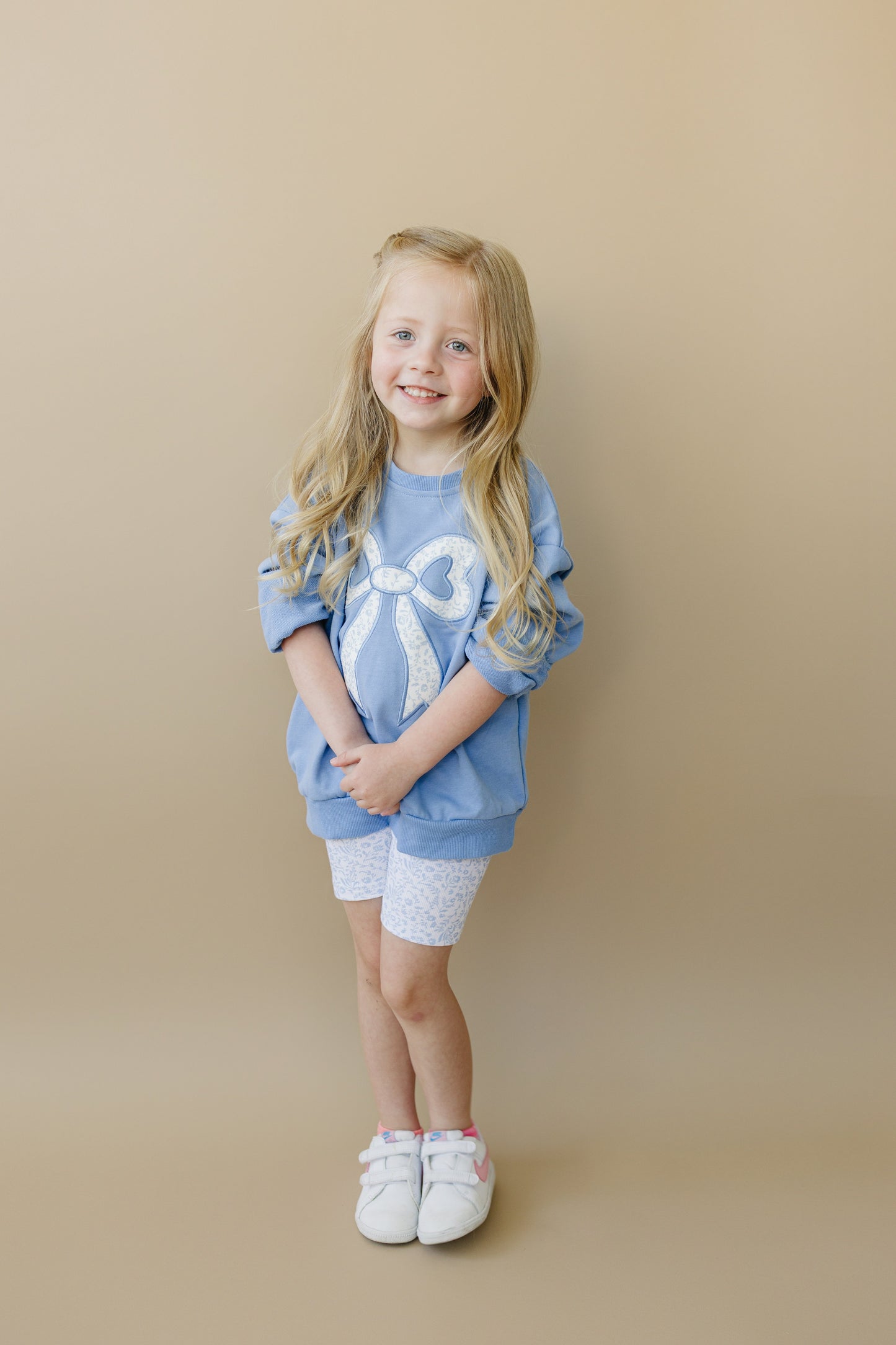 Blue Toile Applique Bow Collection- Sweatshirt Romper, Crewneck, Shorts