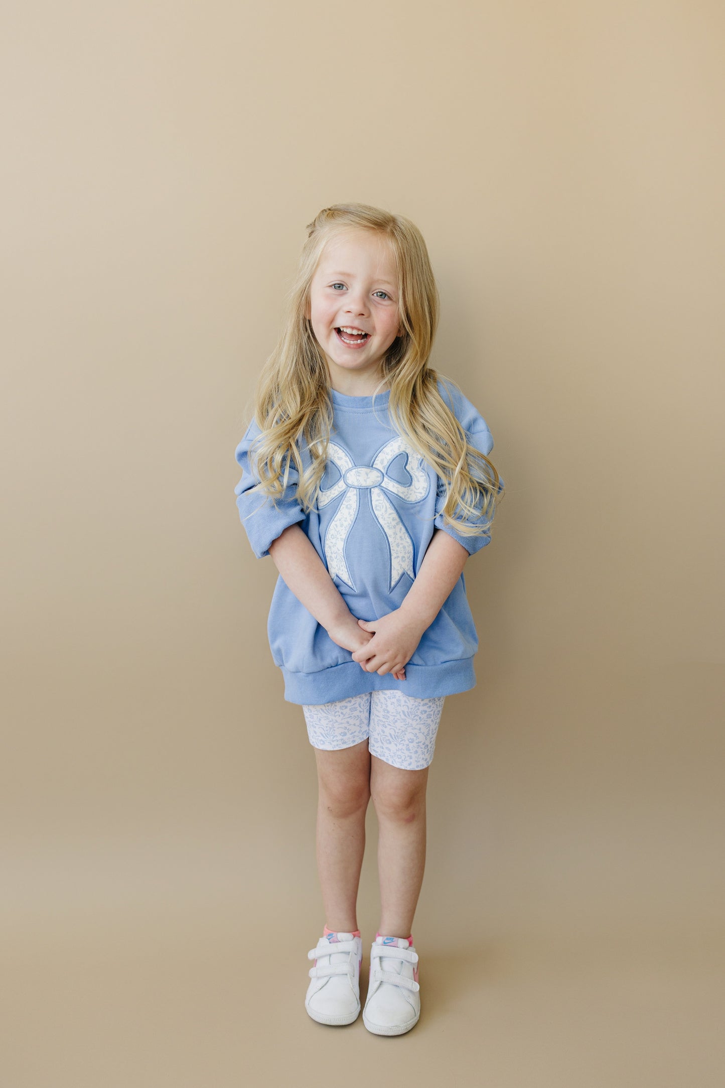 Blue Toile Applique Bow Collection- Sweatshirt Romper, Crewneck, Shorts