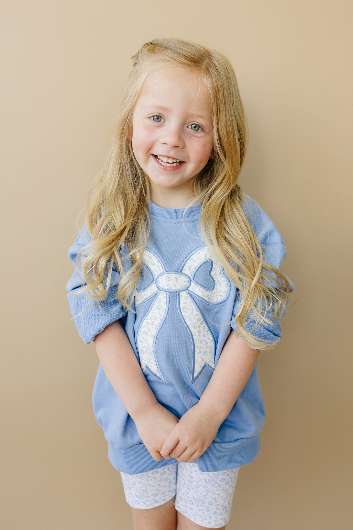 Blue Toile Applique Bow Collection- Sweatshirt Romper, Crewneck, Shorts
