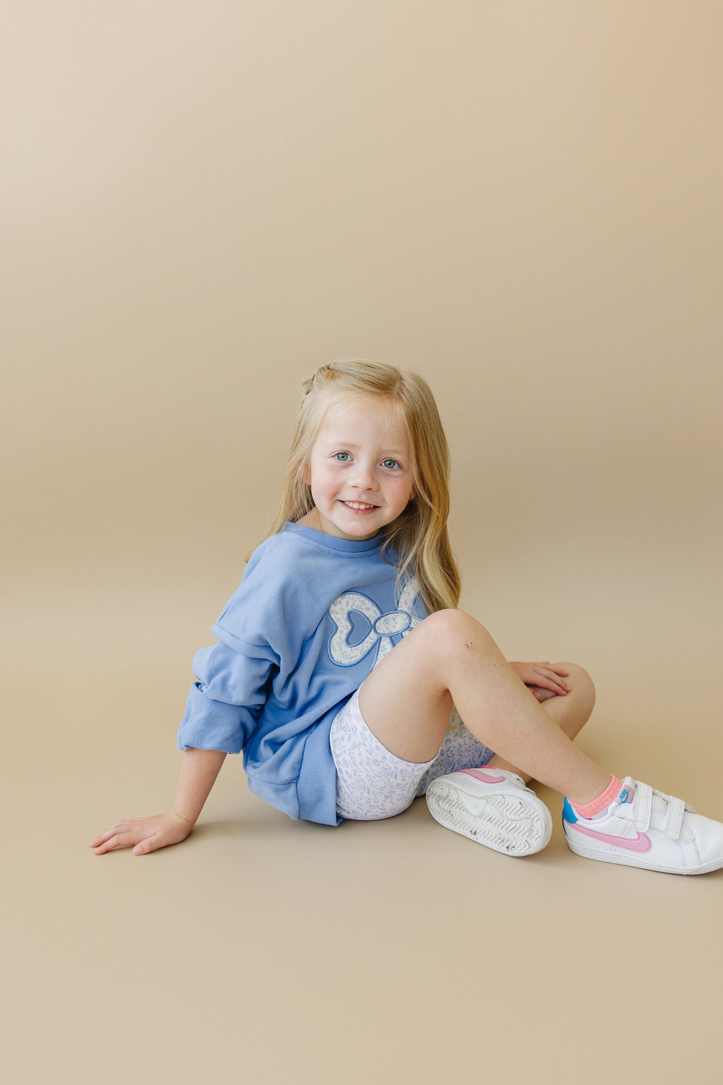 Blue Toile Applique Bow Collection- Sweatshirt Romper, Crewneck, Shorts