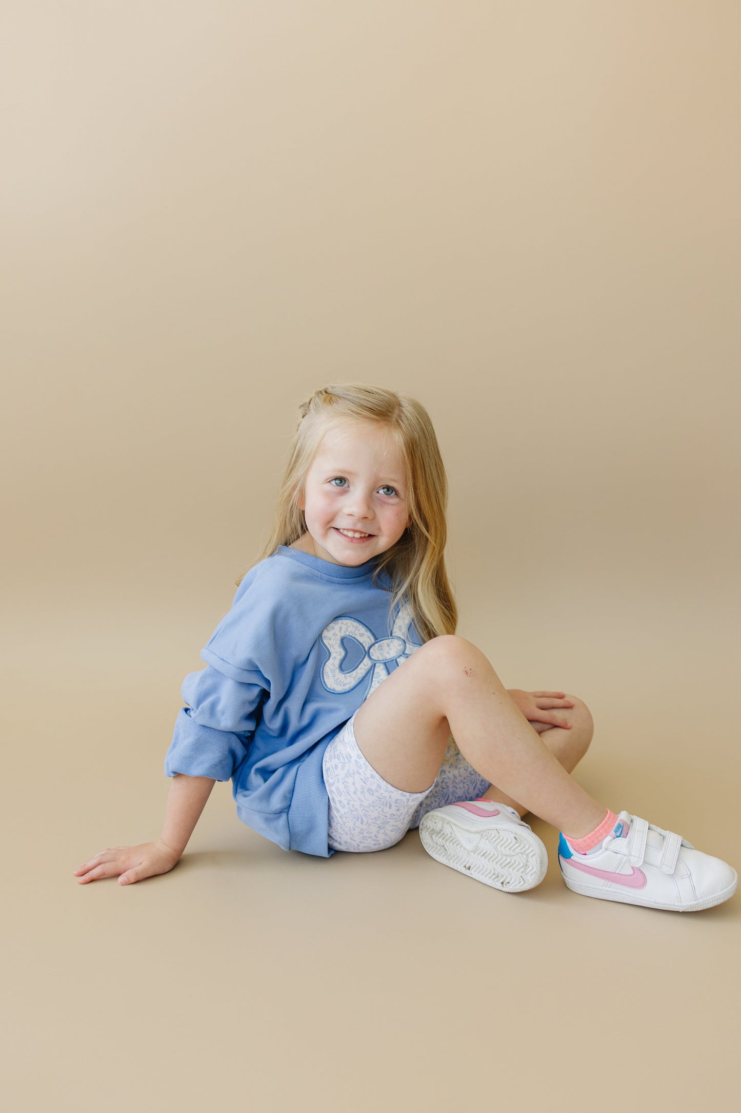 Blue Toile Applique Bow Collection- Sweatshirt Romper, Crewneck, Shorts