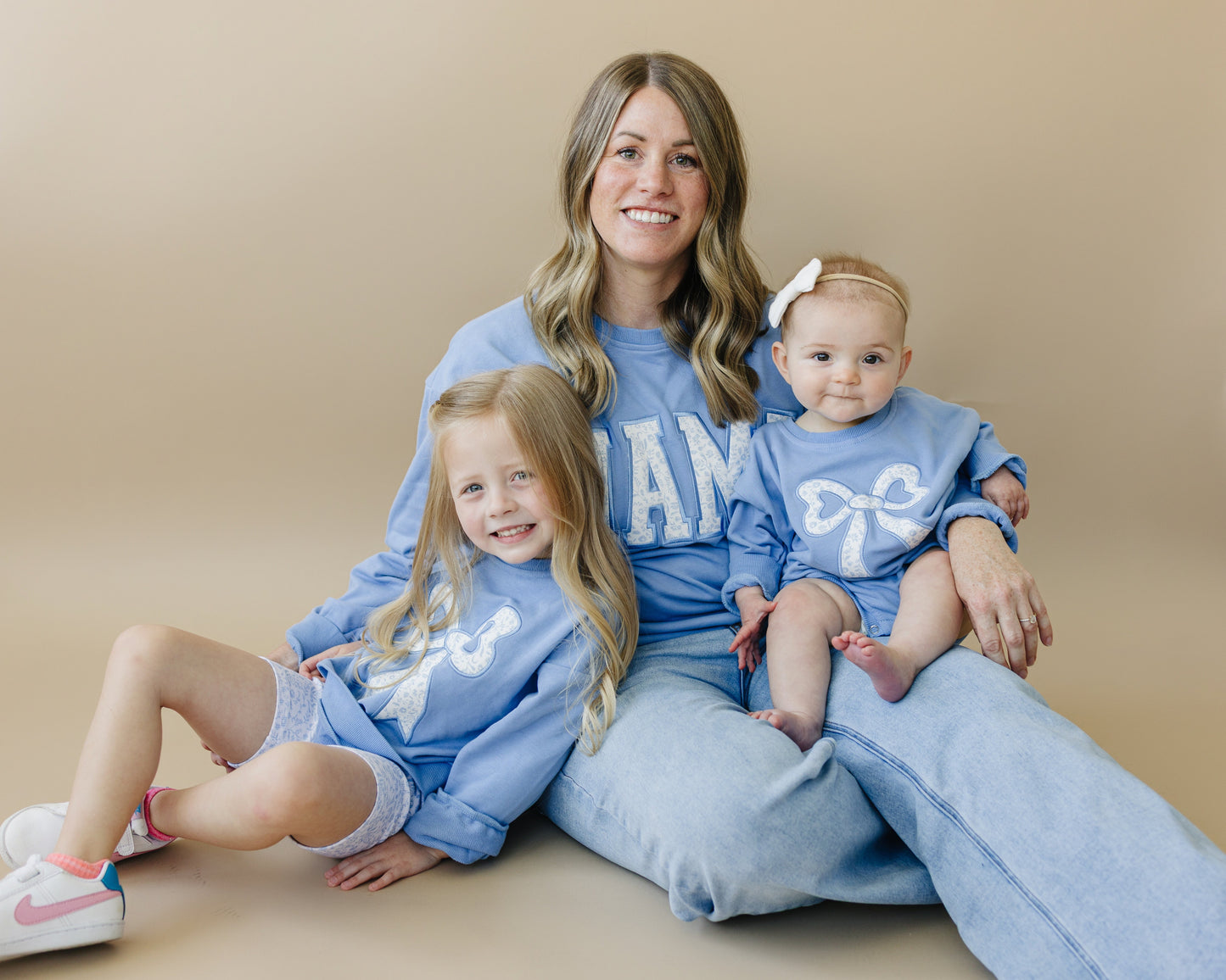 Blue Toile Applique Bow Collection- Sweatshirt Romper, Crewneck, Shorts