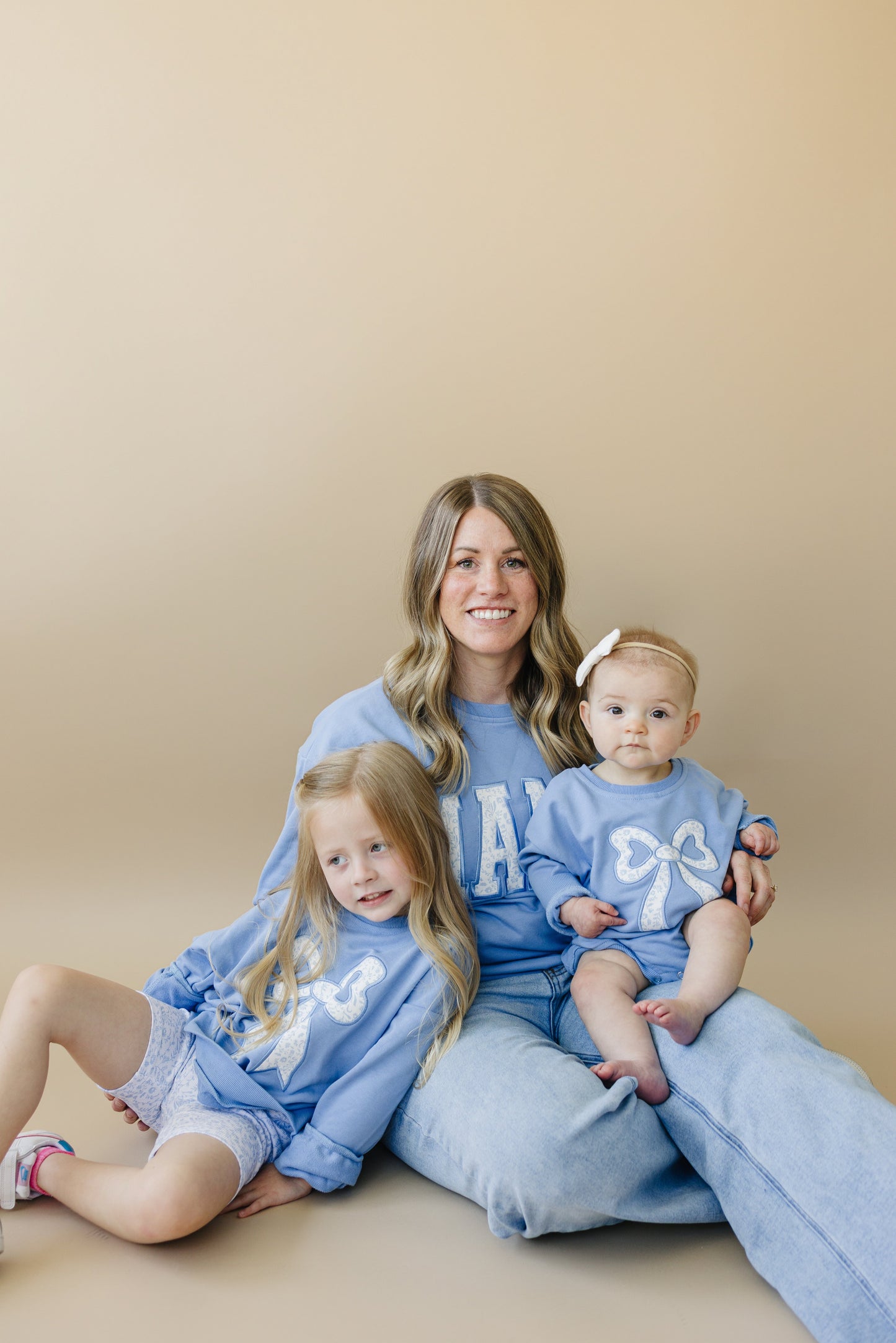 Blue Toile Applique Bow Collection- Sweatshirt Romper, Crewneck, Shorts