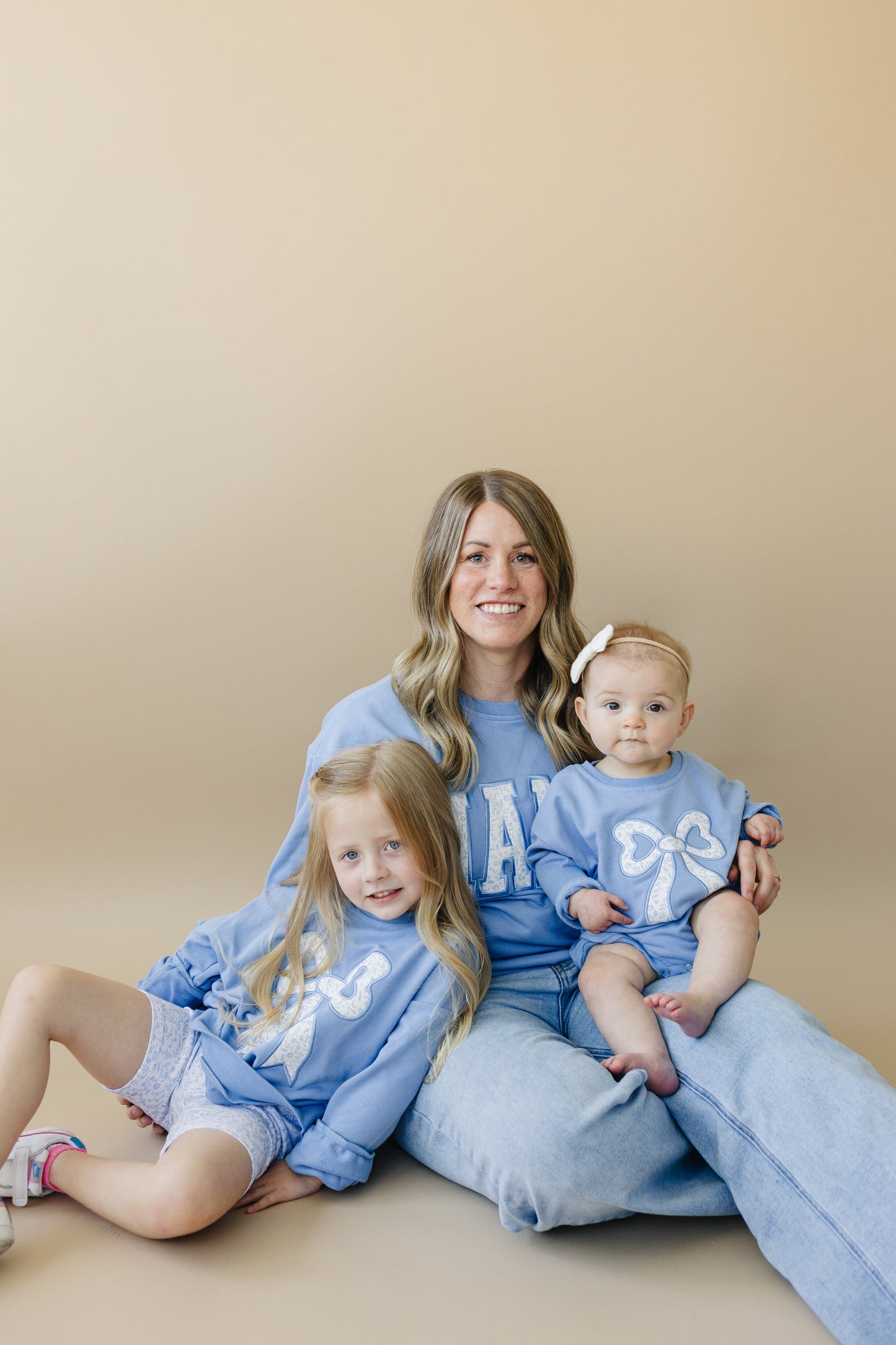 Blue Toile Applique Bow Collection- Sweatshirt Romper, Crewneck, Shorts