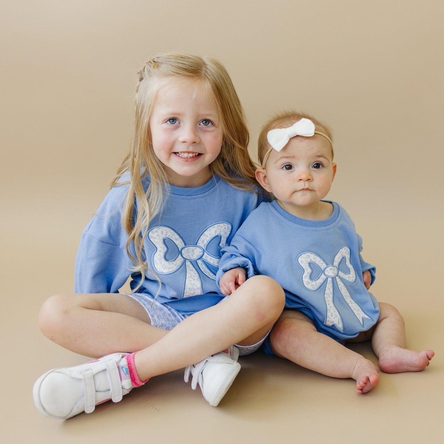 Blue Toile Applique Bow Collection- Sweatshirt Romper, Crewneck, Shorts