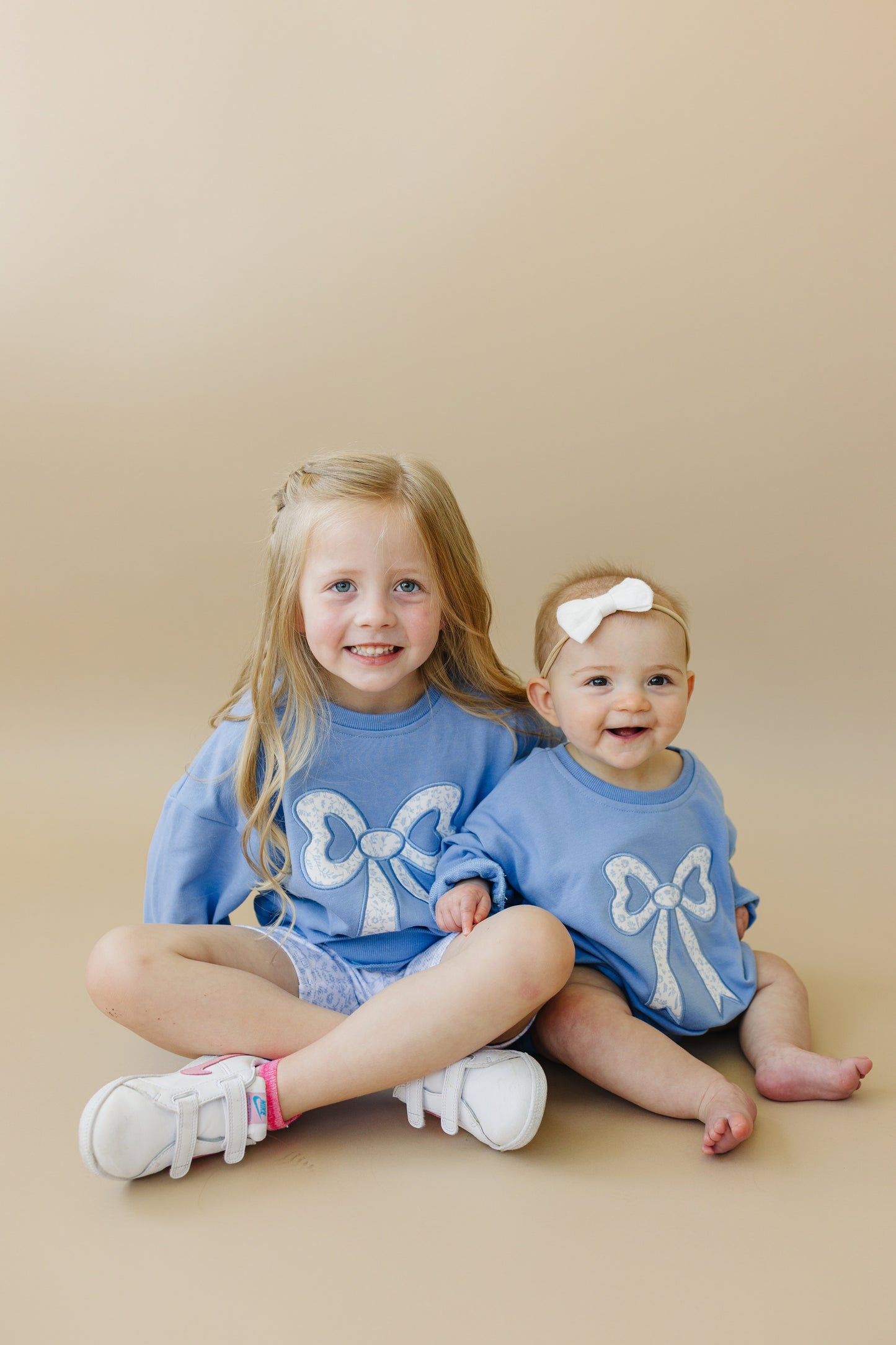 Blue Toile Applique Bow Collection- Sweatshirt Romper, Crewneck, Shorts
