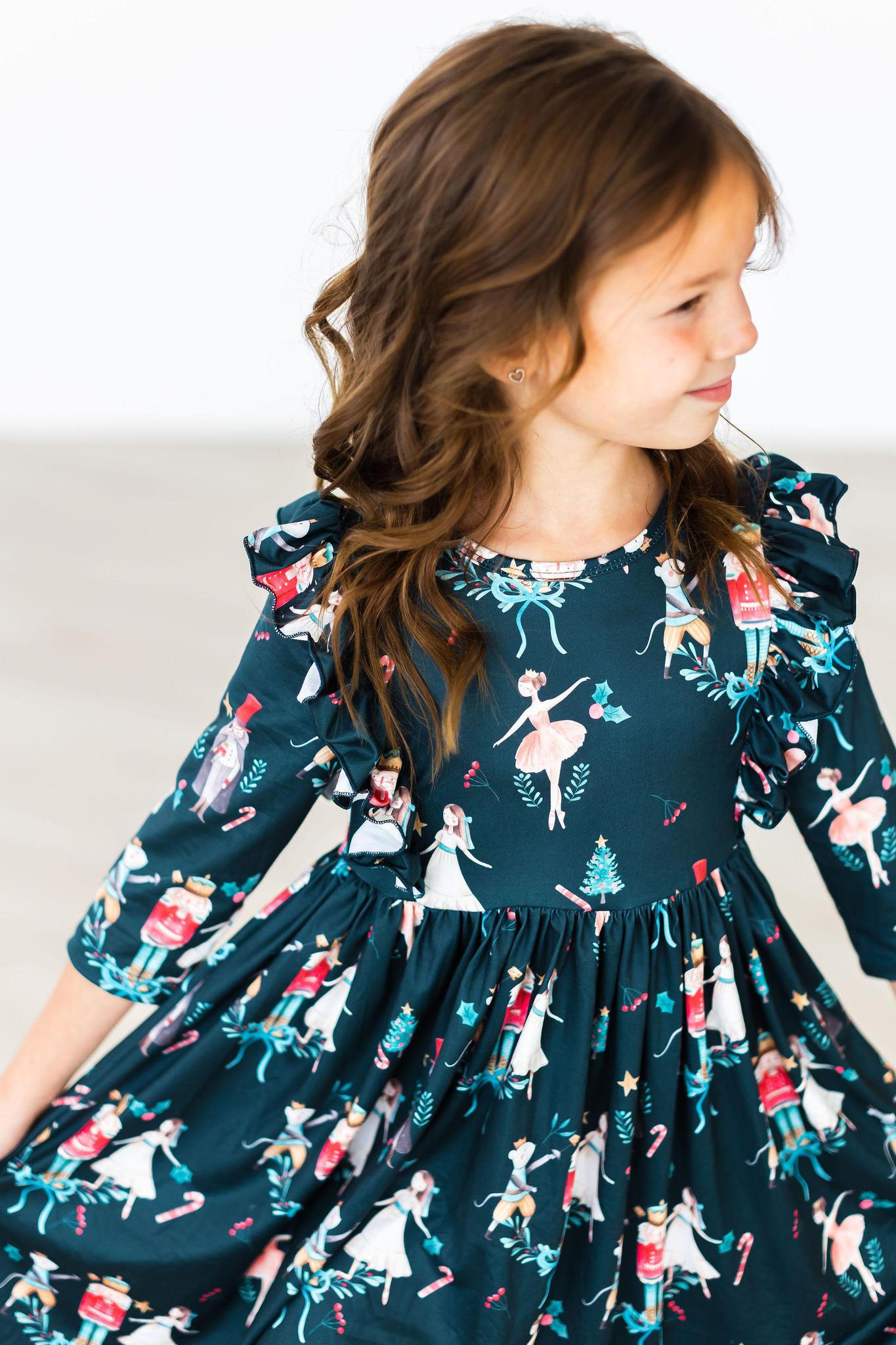 Christmas Ballet 3/4 Sleeve Ruffle Twirl Dress