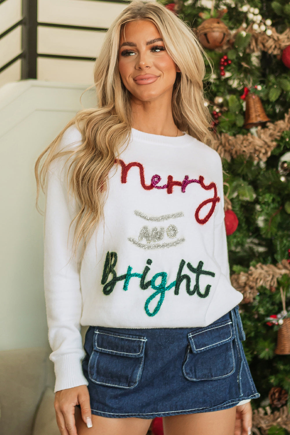 Merry and Bright Tinsel Christmas Sweater- White