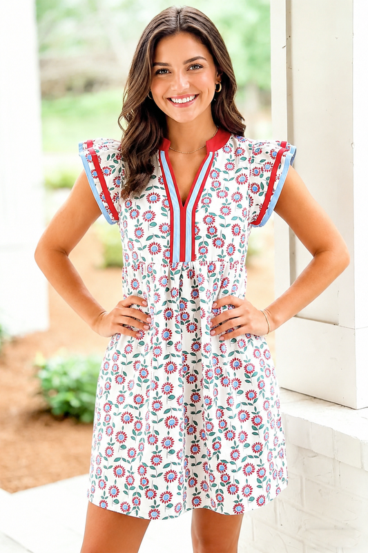 Red Floral Print Contrast Trim Dress