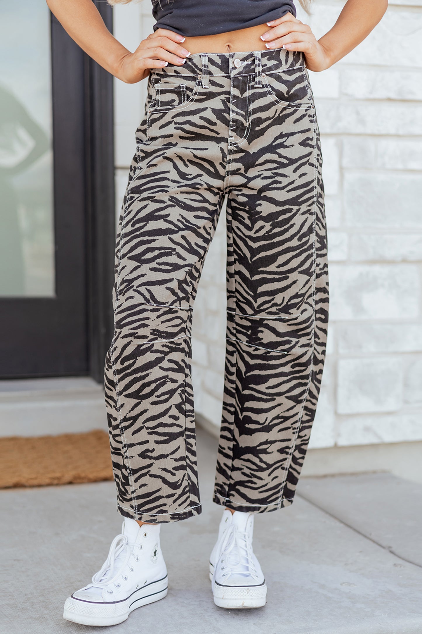 Gray Zebra Printed Barrel Jeans