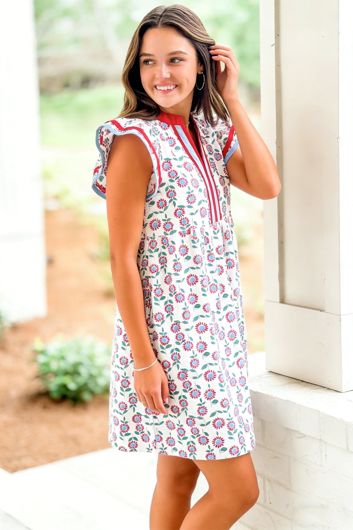 Red Floral Print Contrast Trim Dress