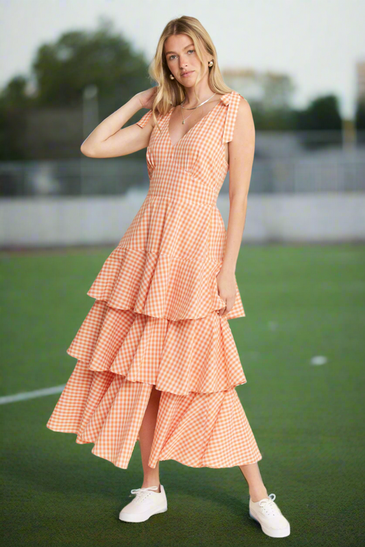 Orange Gingham Print Midi Dress
