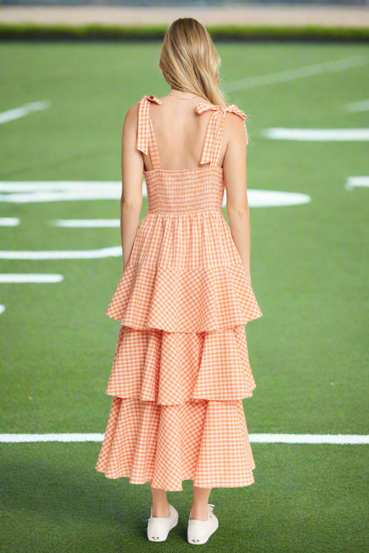 Orange Gingham Print Midi Dress