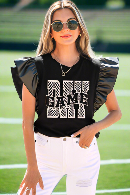 Game Day Checker Ruffle Sleeve Top