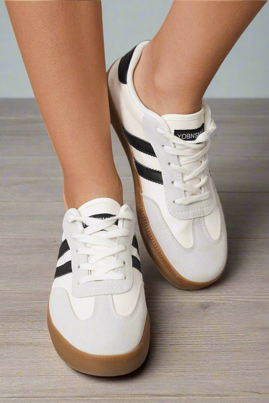 White Striped Lace-up Flat Sneakers