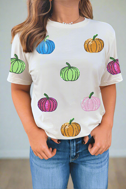 White Sequin Pumpkin Patched T-Shirt