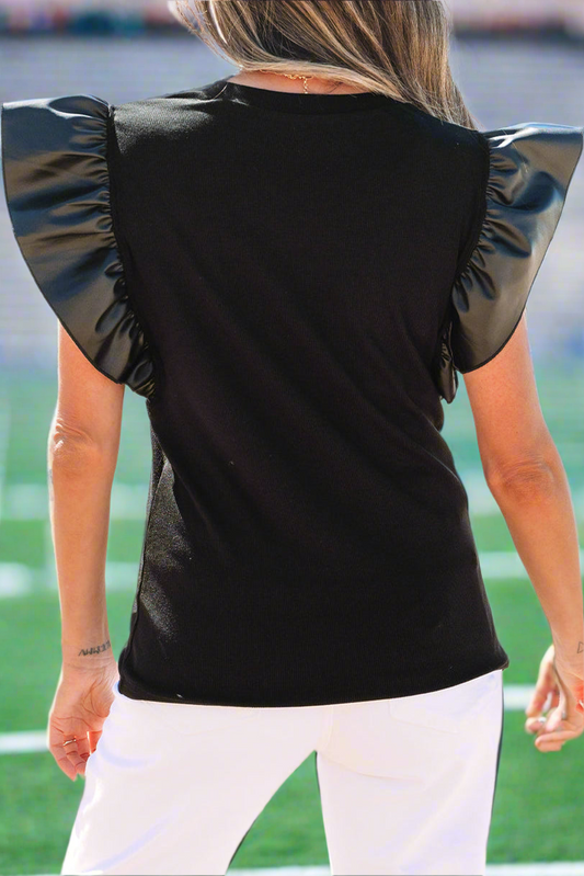 Game Day Checker Ruffle Sleeve Top