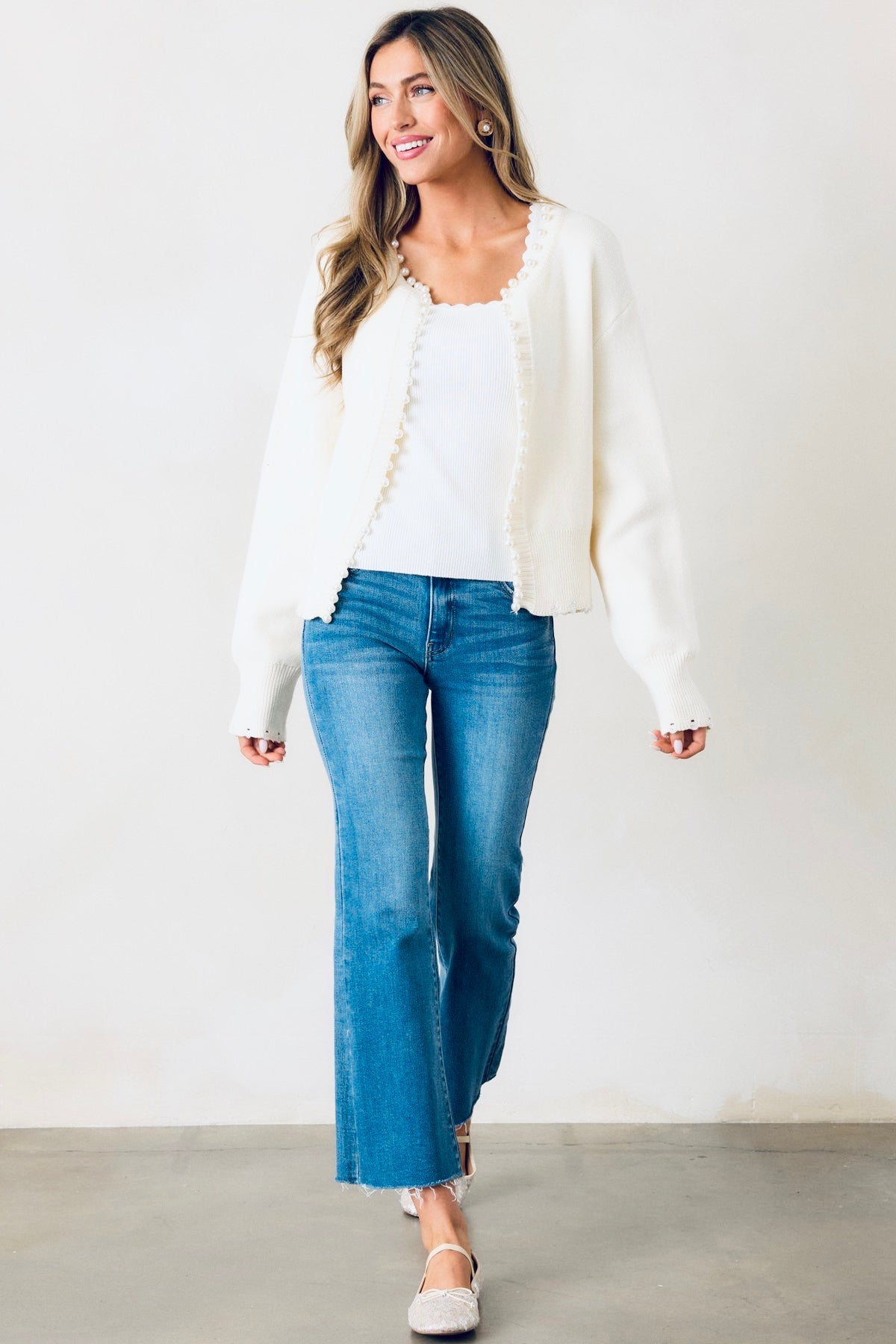 Kat Pearl Embellished Open-Front Cardigan