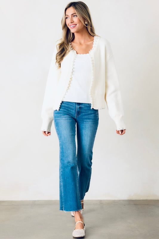 Kat Pearl Embellished Open-Front Cardigan