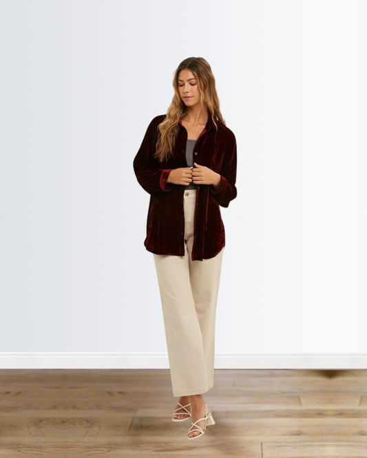 Wine Velvet Button-Up