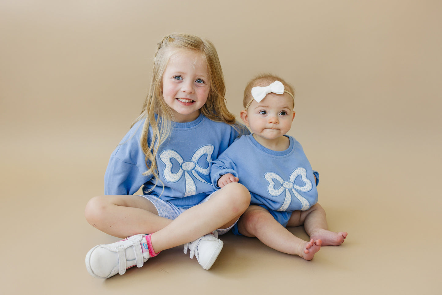 Blue Toile Applique Bow Collection- Sweatshirt Romper, Crewneck, Shorts