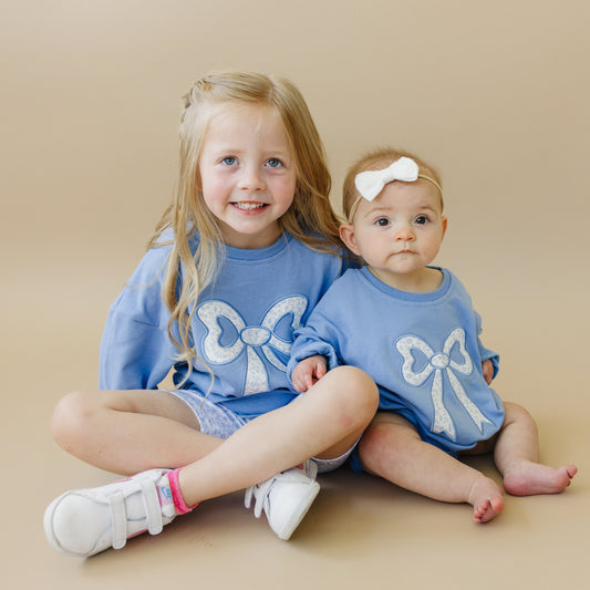Blue Toile Applique Bow Collection- Sweatshirt Romper, Crewneck, Shorts