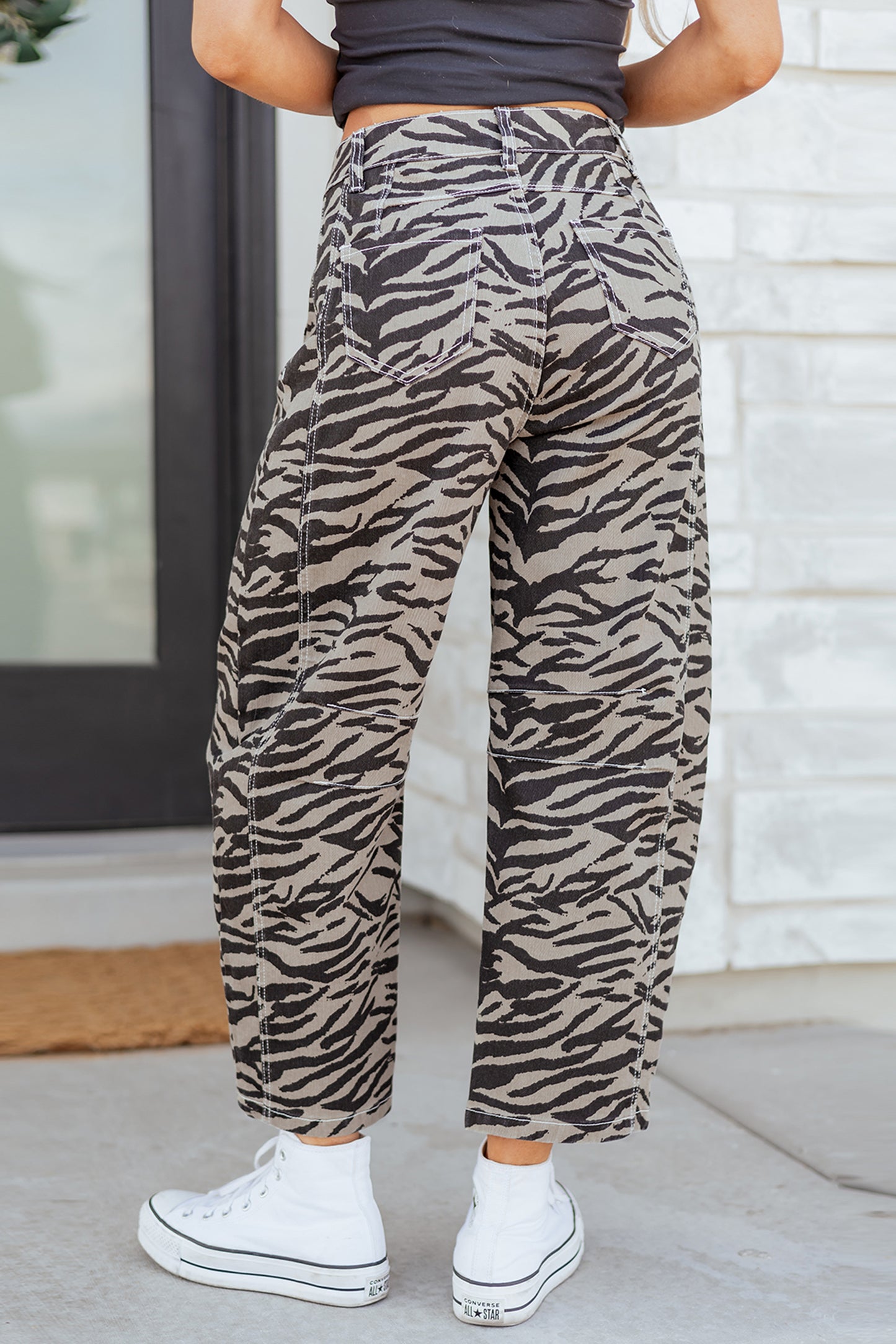 Gray Zebra Printed Barrel Jeans