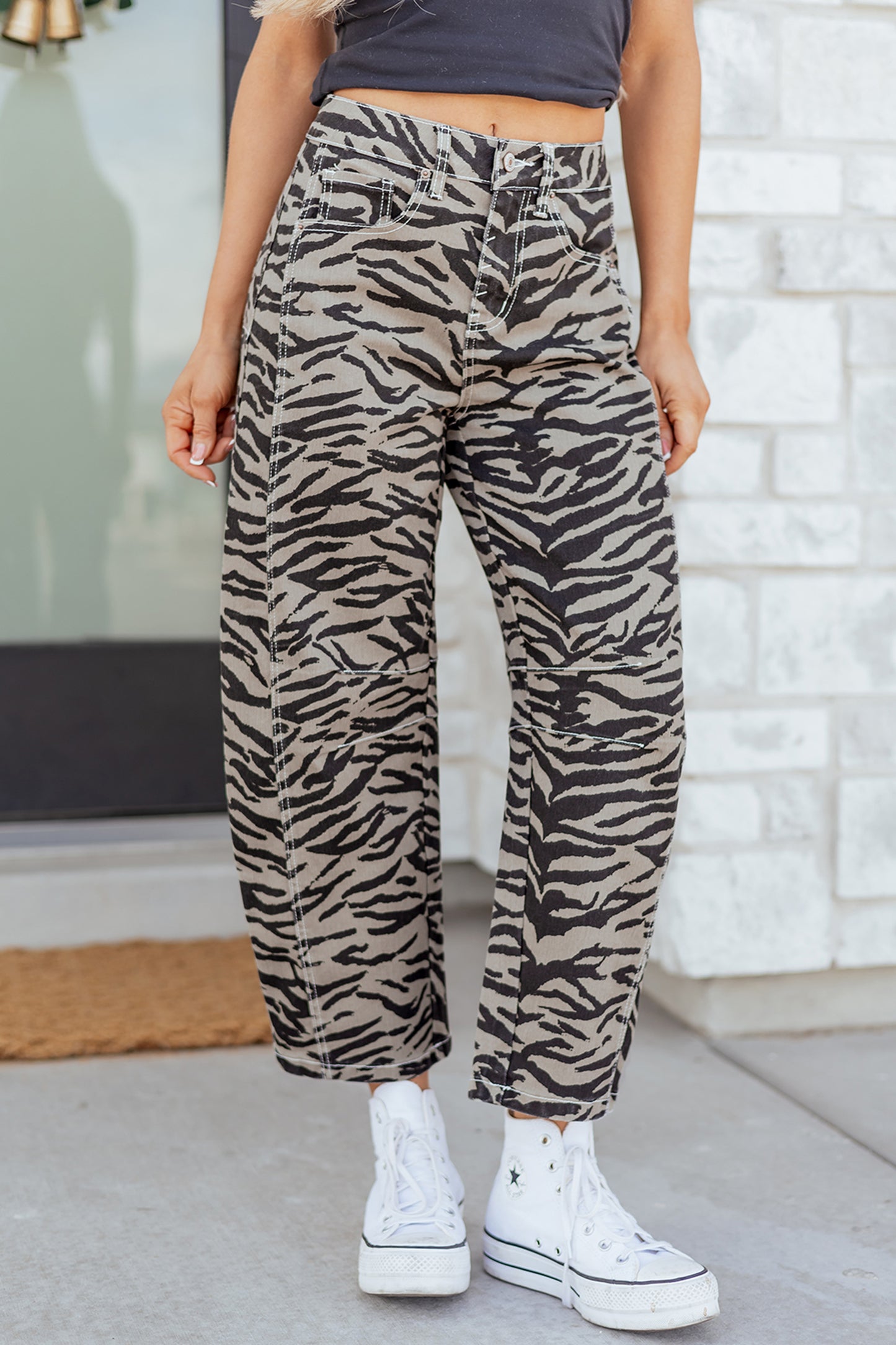 Gray Zebra Printed Barrel Jeans