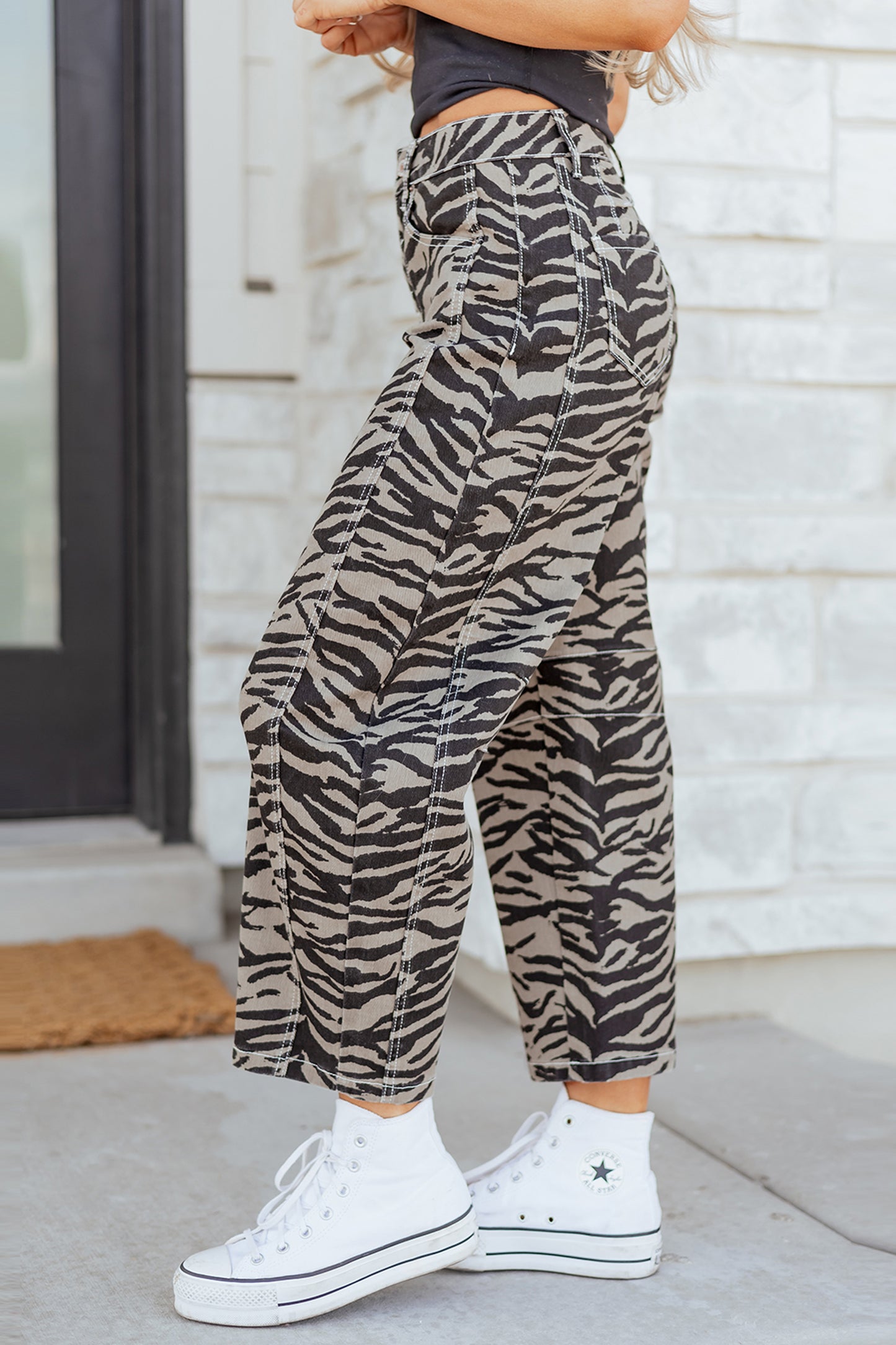 Gray Zebra Printed Barrel Jeans