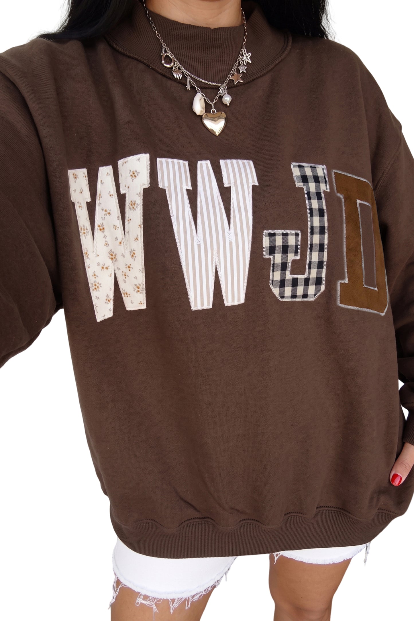 WWJD Embroidered Patch Mock Neck Sweatshirt